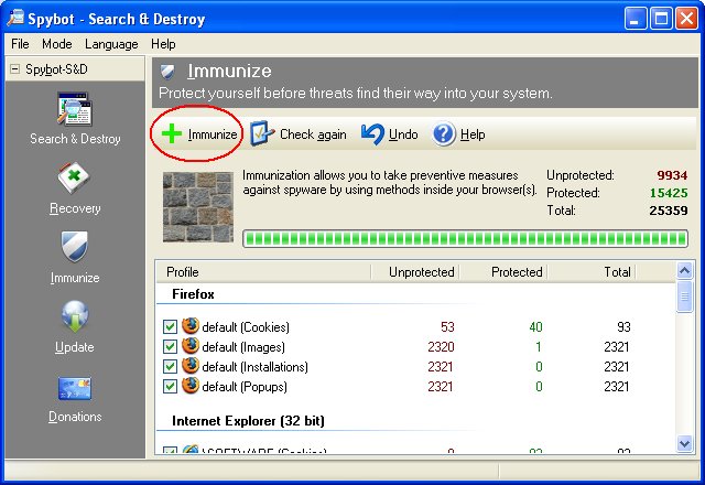Spybot - Search & Destroy - Immunize Screen - Before Immunization