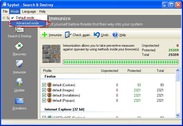 Spybot - Search & Destroy - Advanced Mode Select