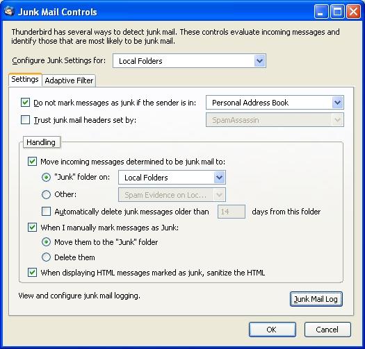 Thunderbird 1.5 Junk Mail Filter Setup Screen